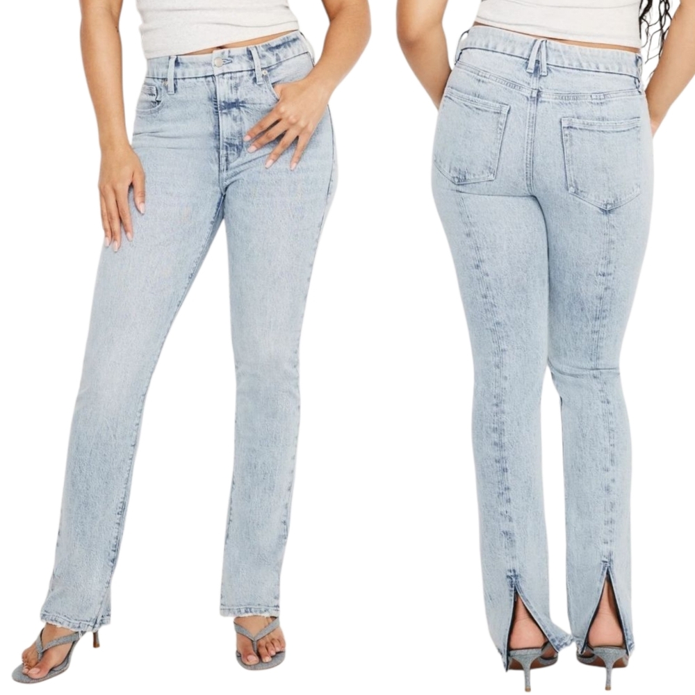Good American Good Classic Slim Stacked Jeans High Rise Split Hem 24 Plus NWT